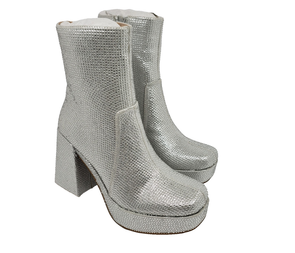 MIA Iva Womens Size 6 Silver Stone Rhinestone 4" Heel Platform Retro Party Boots